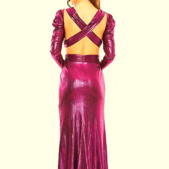 Mac Duggal Fuschia Foile Princess Sleeve Cut Out Metallic Gown Dresz - Picture 3 of 4